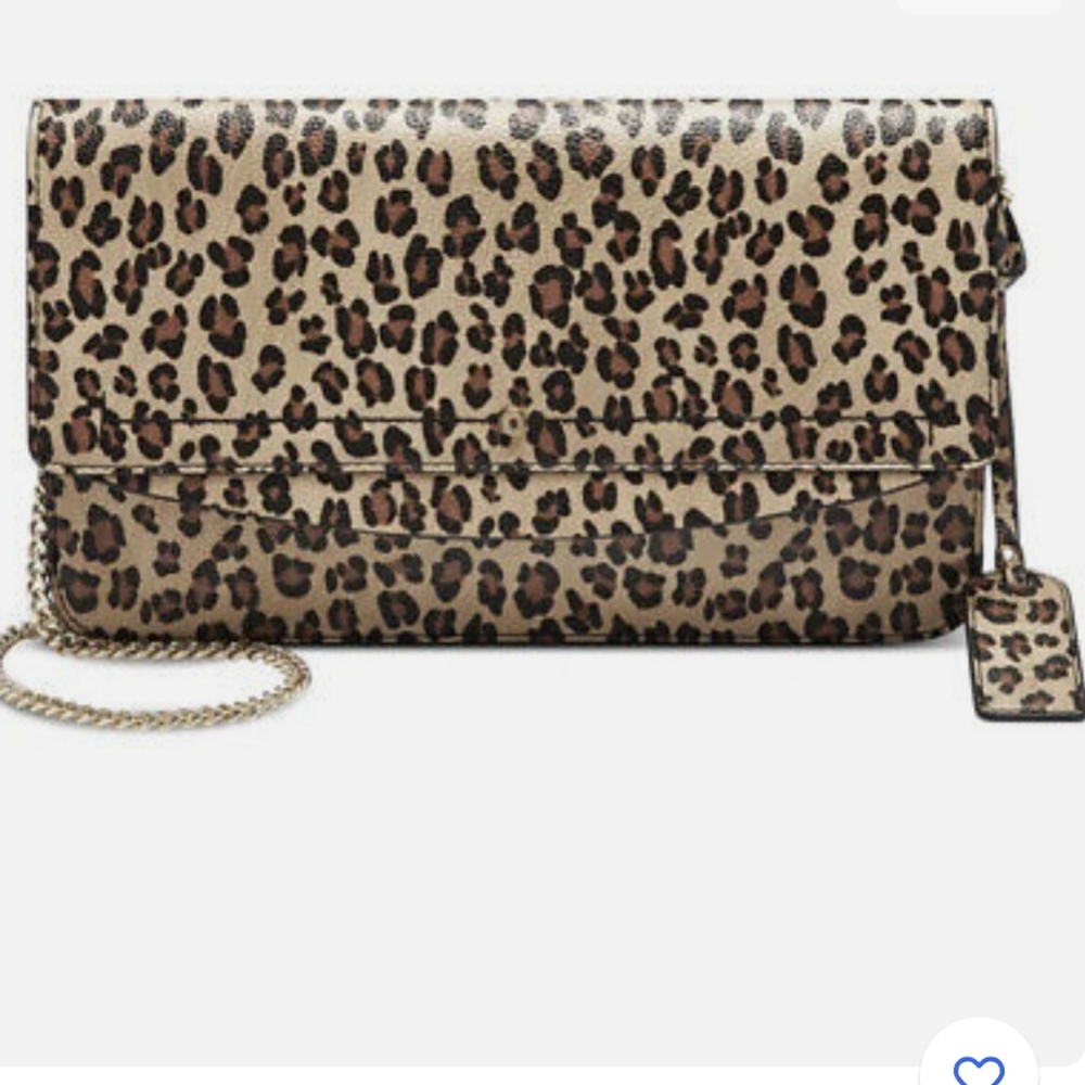 Sole Society Beryl Faux Leather Leopard Print Clutch Purse Bag Chain Strap l